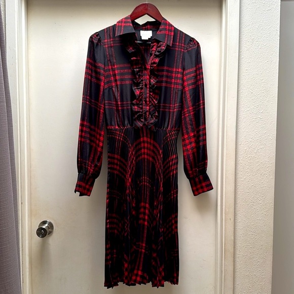Donna Morgan Vintage Plaid Ruffle Pleated Black Red Dress Size 6 - Picture 1 of 8